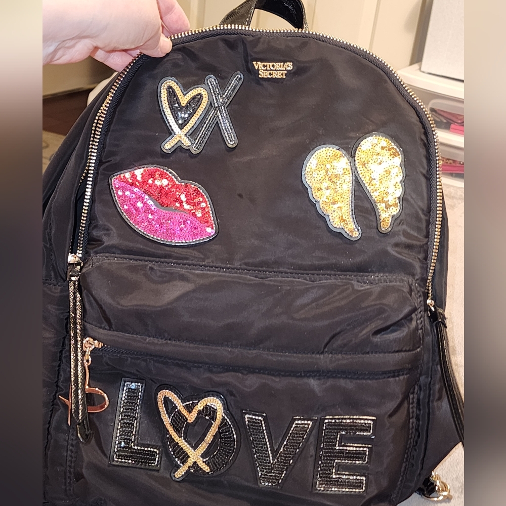 Victoria's Secret Black and Gold Backpack with Patches And Embellishments